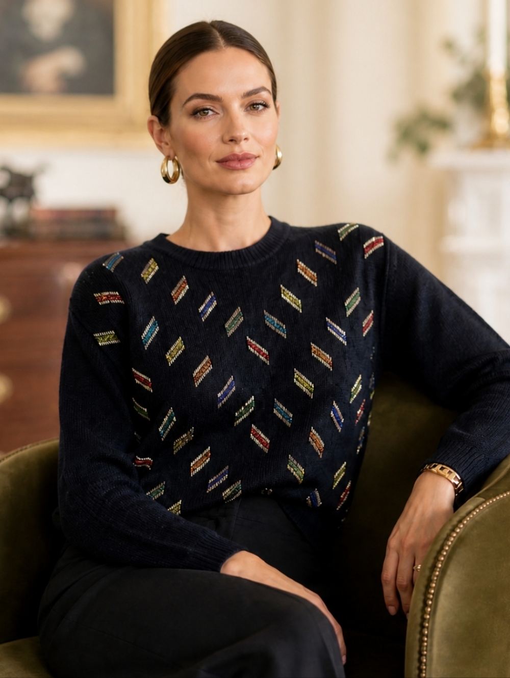 Vtg  Silk/Angora Blend Luxe Beaded Black Long Sleeve Pull on Sweater Sz M